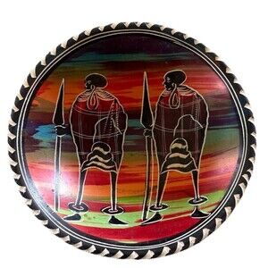 African Warrior with Spears Soapstone Colorful Bowl 6” Decorative Native Art